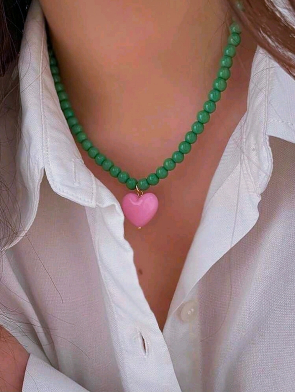 Green Beaded Necklace with Pink Heart Pendant - Women Jewelry
